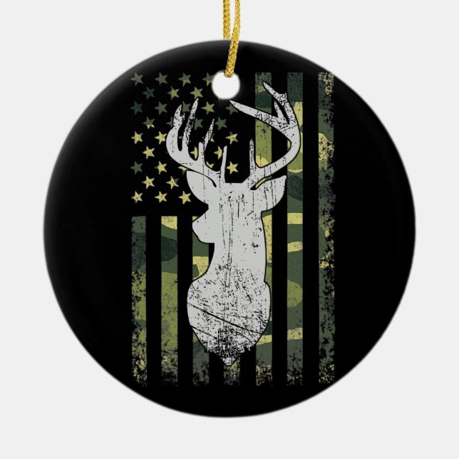 Buck Deer Hunting American Camouflage USA Flag  Ceramic Ornament (Front)