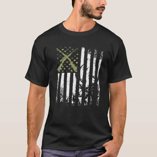 Buck Deer Hunting American Camouflage USA Flag T-Shirt (Front)