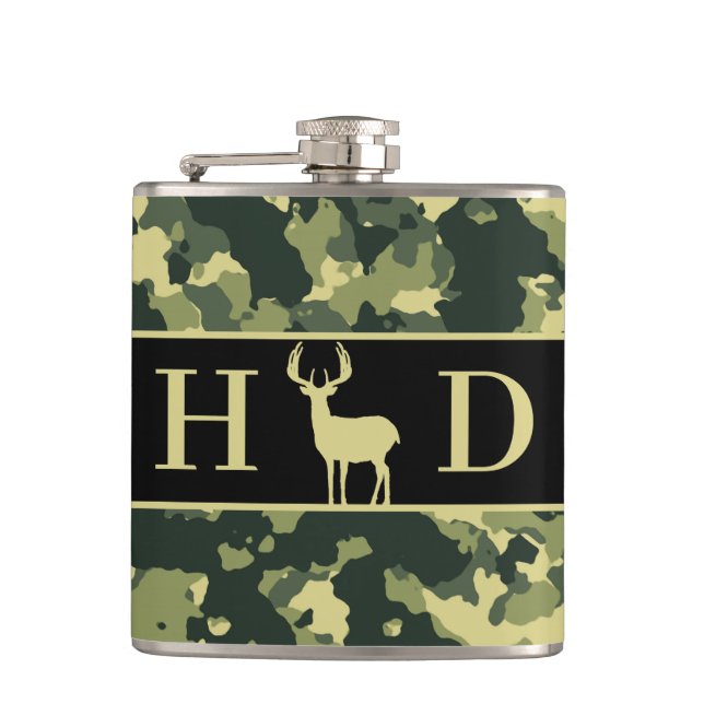 Buck Deer Hunting Monogram Initials Hip Flask (Front)