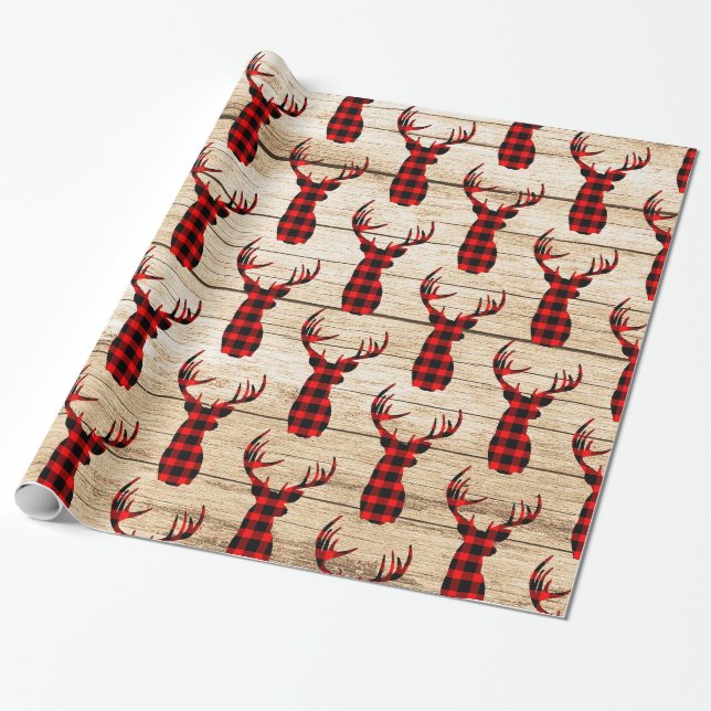 Buck Deer Hunting Red Black Plaid Christmas Wrappi Wrapping Paper (Unrolled)