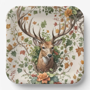 Buck Deer In Autumn Flowers Paper Plate
