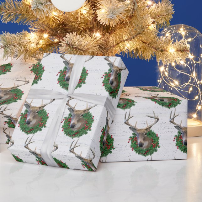 Buck Deer In Christmas Wreath On Wood Wrapping Paper (Holidays)
