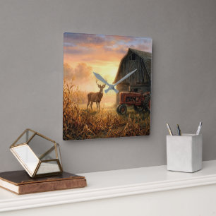 Buck Deer in Country Morning Sunrise Square Wall Clock