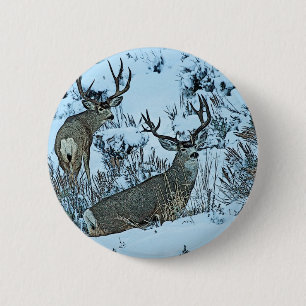 Buck deer in snow 2 inch round button