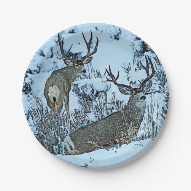 Buck deer in snow paper plate (Front)
