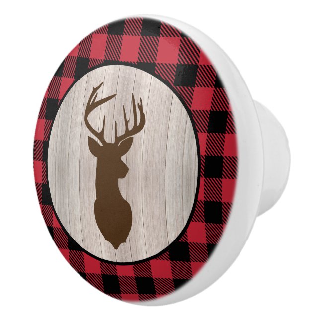 Buck Deer Silhouette Lumberjack Buffalo Plaid  Ceramic Knob (Right)