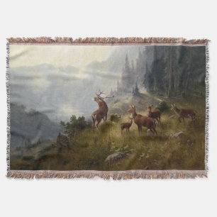 Buck & Doe Deer Herd In Forest Landscape Throw Blanket