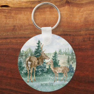 Buck Doe Snow Forest Winter Scene Monogram  Keychain