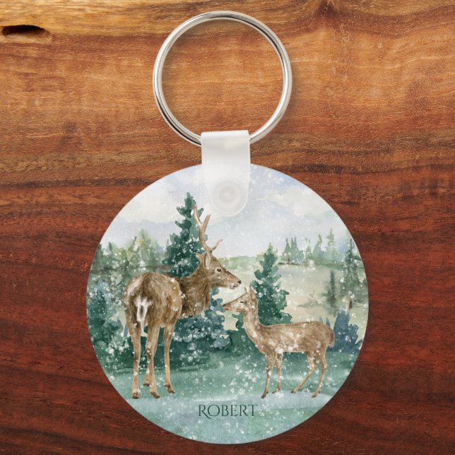 Buck Doe Snow Forest Winter Scene Monogram  Keychain (Front)