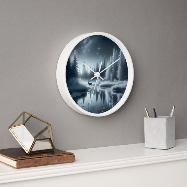 Buck In A Winter River at Night Clock (Office)
