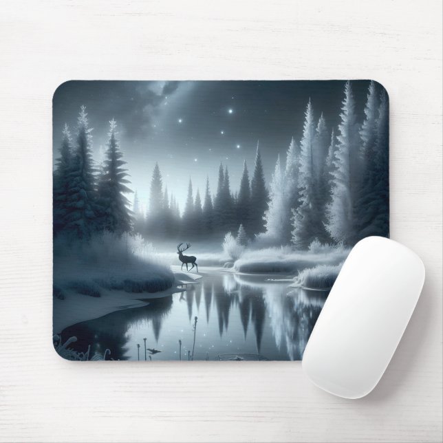 Buck In A Winter River at Night Mouse Pad (With Mouse)