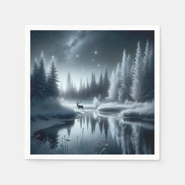 Buck In A Winter River at Night Napkin (Front)