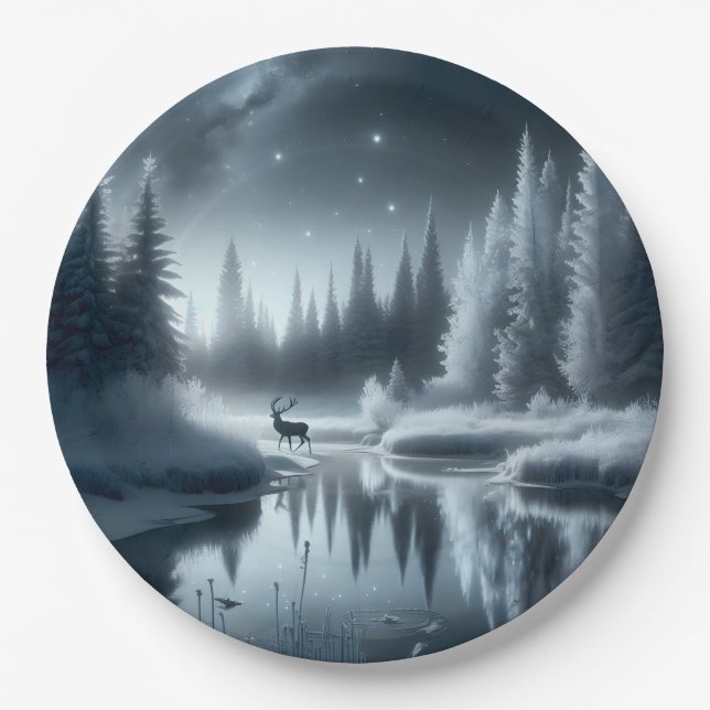 Buck In A Winter River at Night Paper Plate (Front)