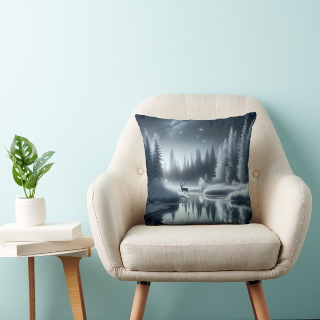 Buck In A Winter River at Night Throw Pillow (Chair)
