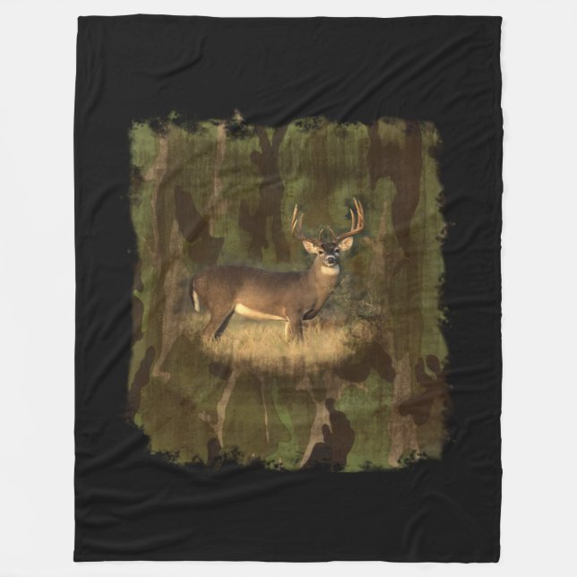 Buck In Camo- Fleece Cozy Blanket (Front)