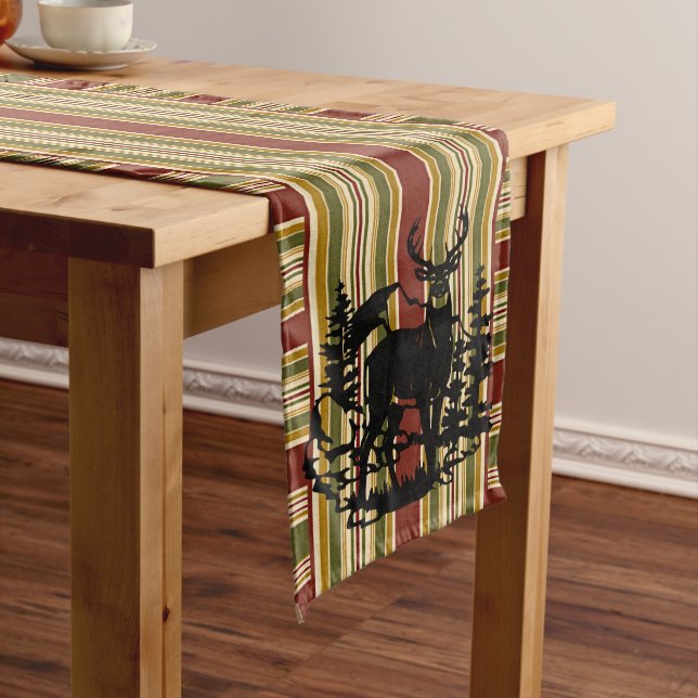 Buck In Mountain Trees Nature Landscape Silhouette Long Table Runner (In Situ)