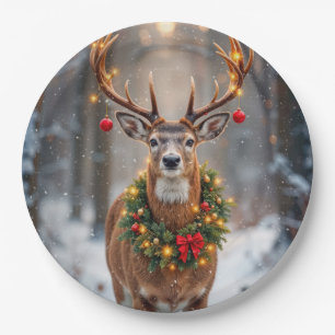 Buck In Snowflakes Wearing a Holiday Wreath Paper Plate