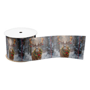 Buck In Snowflakes Wearing a Holiday Wreath Satin Ribbon