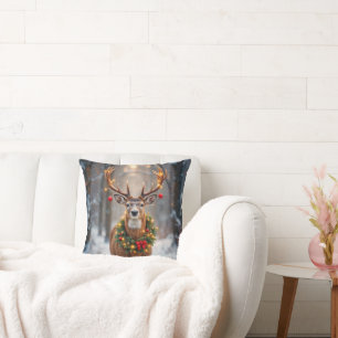 Buck In Snowflakes Wearing a Holiday Wreath Throw Pillow
