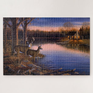 Buck n Doe Deer At The Cabin At The Lake Jigsaw Puzzle