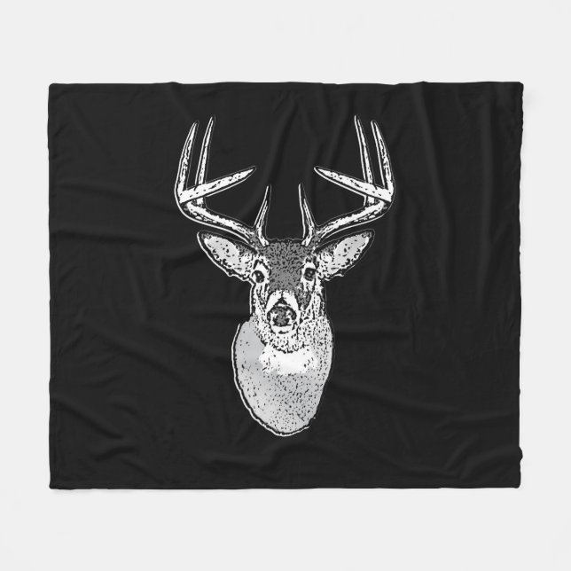 Buck on Black  White Tail Deer Fleece Blanket (Front (Horizontal))