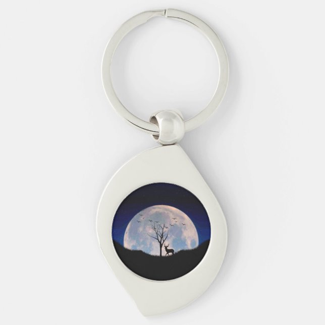 Buck with Big Rack Against Full Moon Keychain (Front)