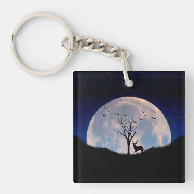 Buck with Big Rack Against Full Moon Keychain (Front)