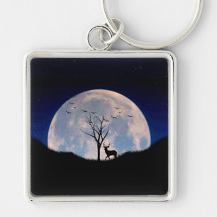 Buck with Big Rack Against Full Moon Keychain