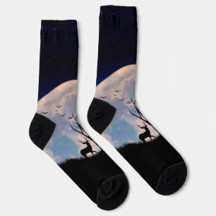 Buck with Big Rack Against Full Moon Socks