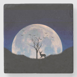 Buck with Big Rack Against Full Moon Stone Coaster