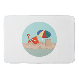 Bucket and Spade Circle Beach Scene Illustration Bath Mat
