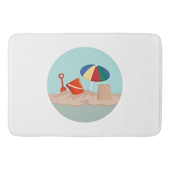 Bucket and Spade Circle Beach Scene Illustration Bath Mat (Front)