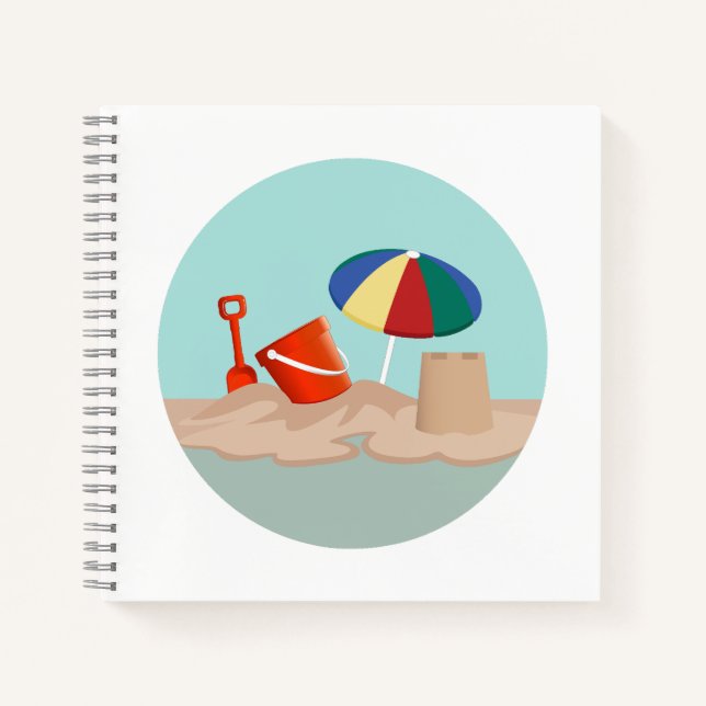 Bucket and Spade Circle Beach Scene Illustration Notebook (Front)