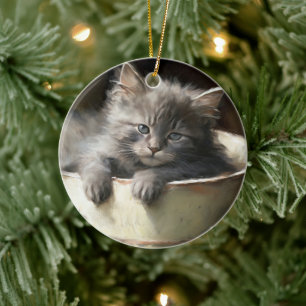 Bucket Full Of Joy Sweet Gray Kitten Ceramic Ornament