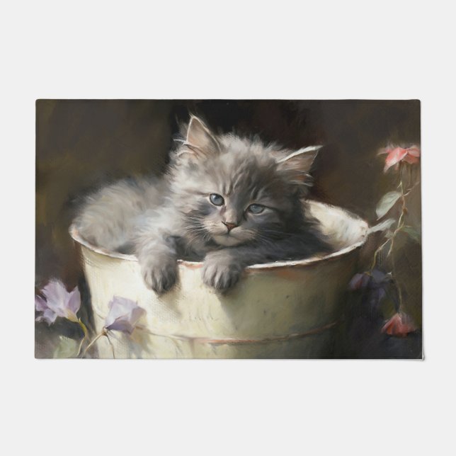 Bucket Full Of Joy Sweet Grey Kitten Doormat (Front)