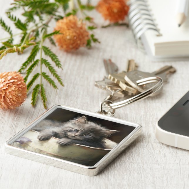 Bucket Full Of Joy Sweet Grey Kitten Keychain (Side)