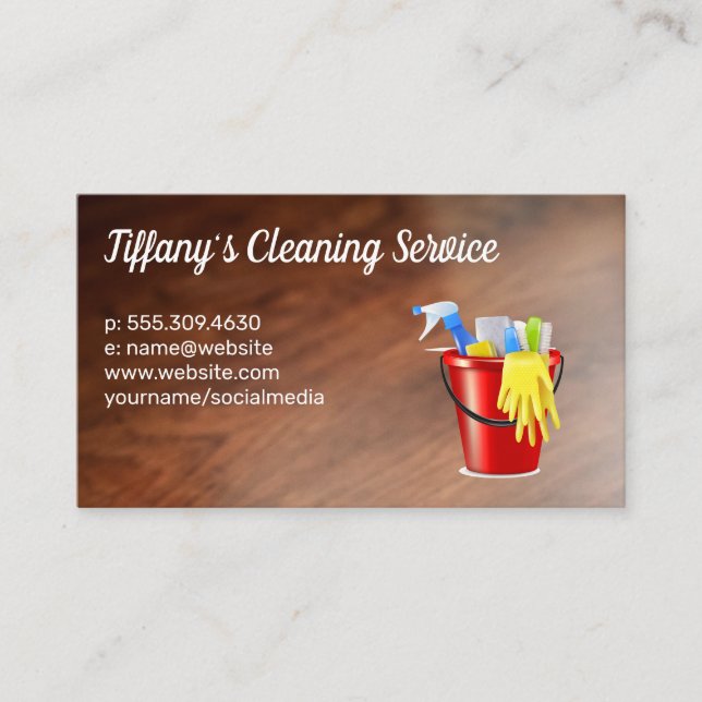 Bucket with Cleaning Supplies | Wood Floors Business Card (Front)