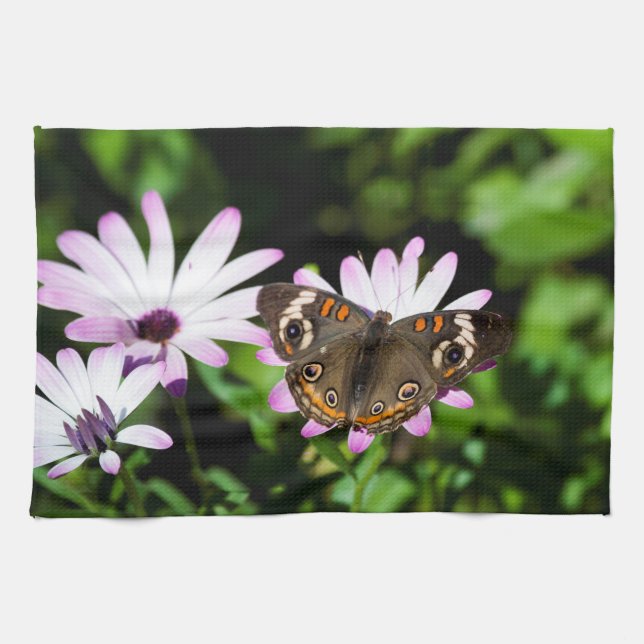 Buckeye Butterfly on Purple flower Kitchen Towel (Horizontal)