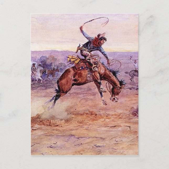 “Bucking Bronco” Cowboy Art by Charles Russell Postcard (Front)