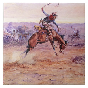 “Bucking Bronco” Cowboy Art by Charles Russell Tile