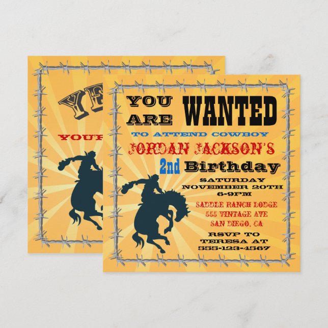 Bucking Bronco Cowboy Birthday Party Invitaiton Invitation (Front/Back)