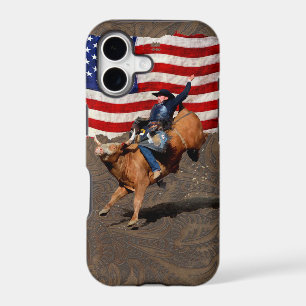 Bucking Bull Rodeo Cowboy, US Flag on Faux Leather