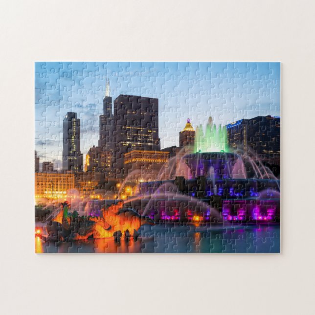 Buckingham Fountain Lit At Night Jigsaw Puzzle (Horizontal)