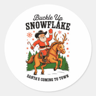 Buckle Up Snowflake Rodeo Cowboy Santa Christmas Classic Round Sticker