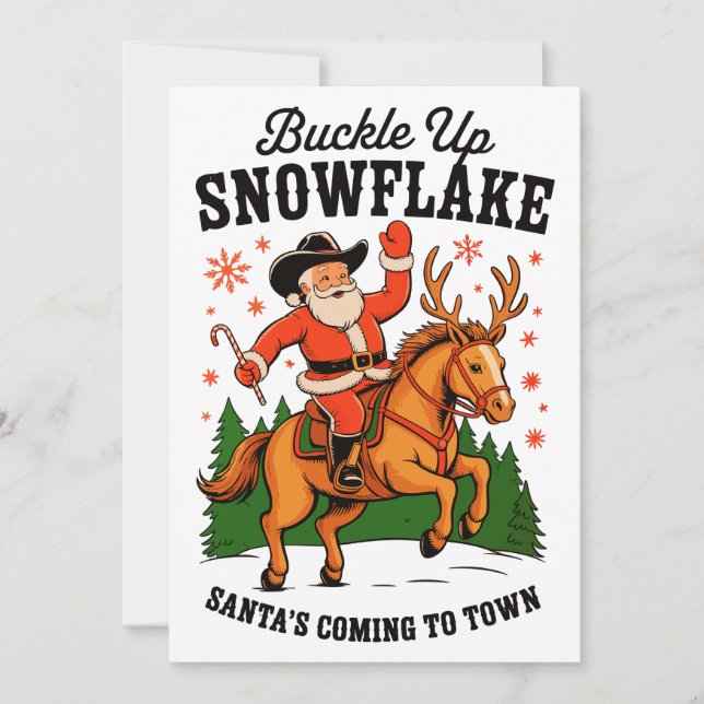 Buckle Up Snowflake Rodeo Cowboy Santa Christmas Holiday Card (Front)
