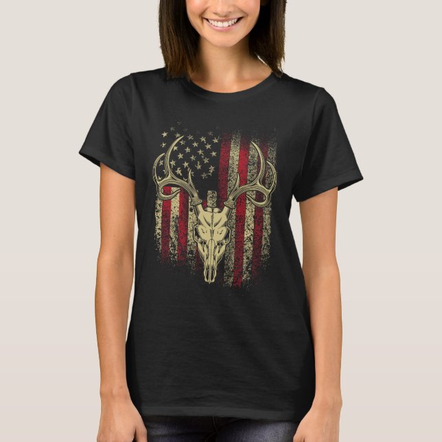 Bucks Antlers And Skull On An American Flag Deer H T-Shirt (Front)