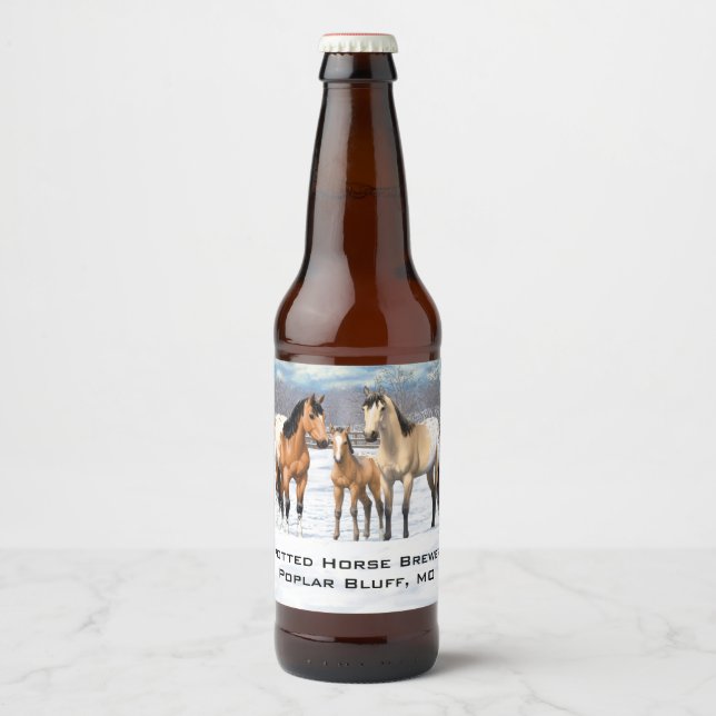 Buckskin Appaloosa Horses In Snow Beer Bottle Label (Front)