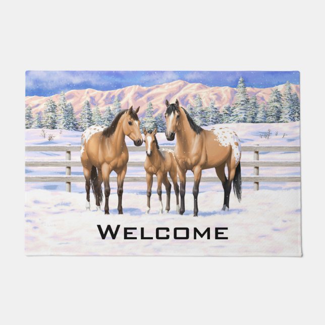Buckskin Appaloosa Horses In Snow Doormat (Front)