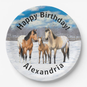 Buckskin Appaloosa Horses In Snow Paper Plate