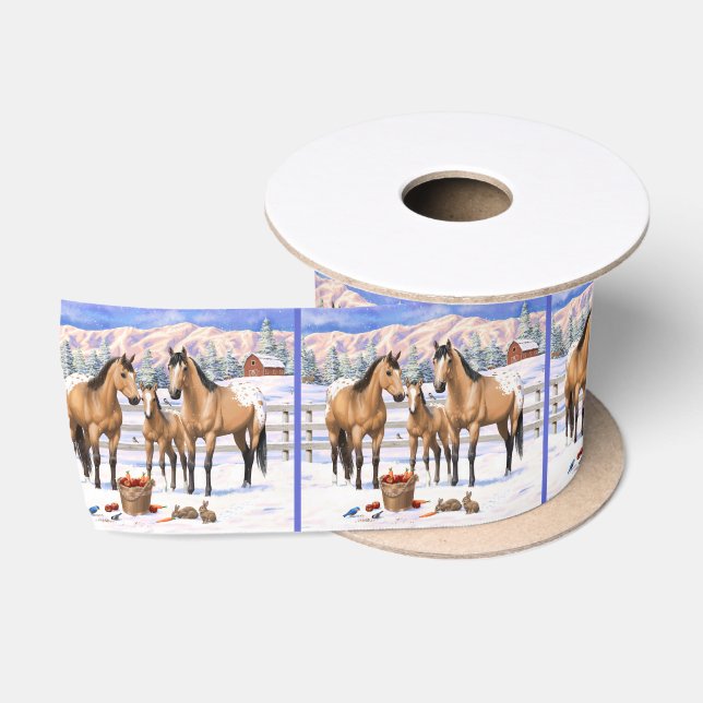 Buckskin Appaloosa Horses In Snow Satin Ribbon (Spool)